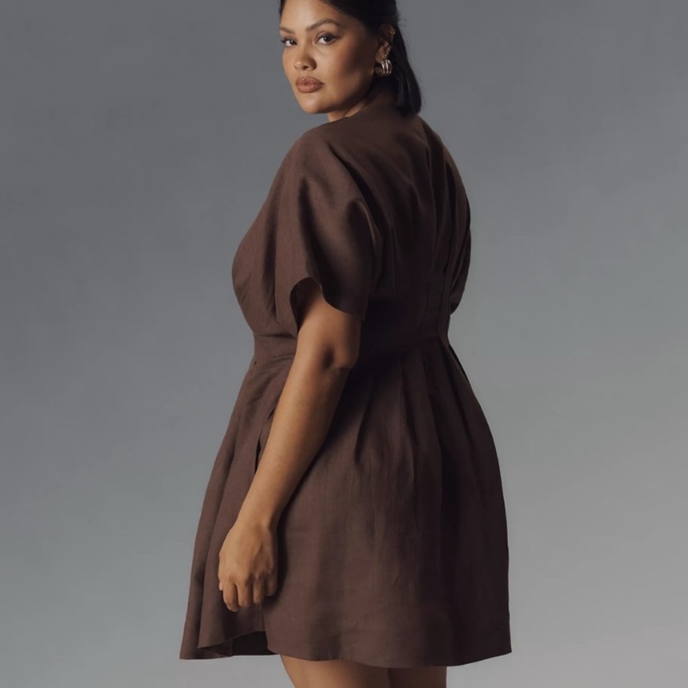 Anthropologie Exquise Amelie Brown Linen Pleated Mini Shirt Dress XL - Picture 2 of 8